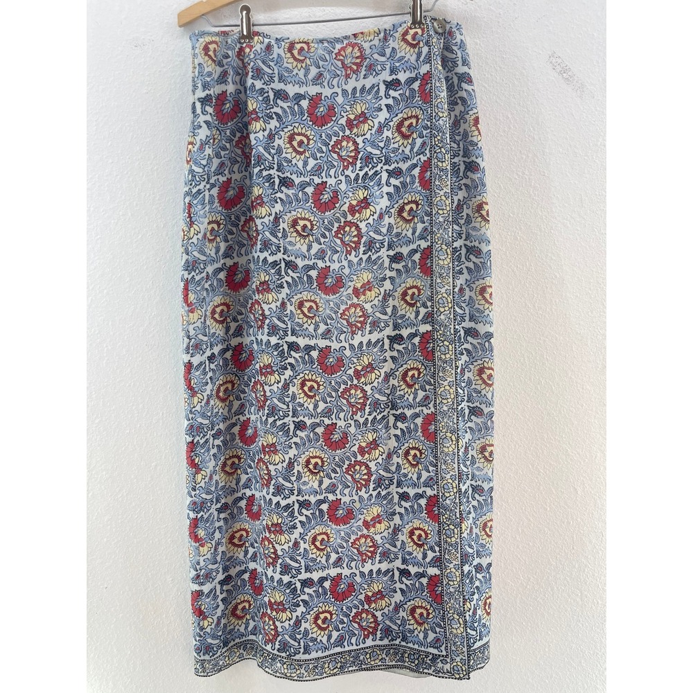 J. Jill Silk Maxi Skirt Womens 12 Blue Red Block Print Boho Coastal Cowgirl